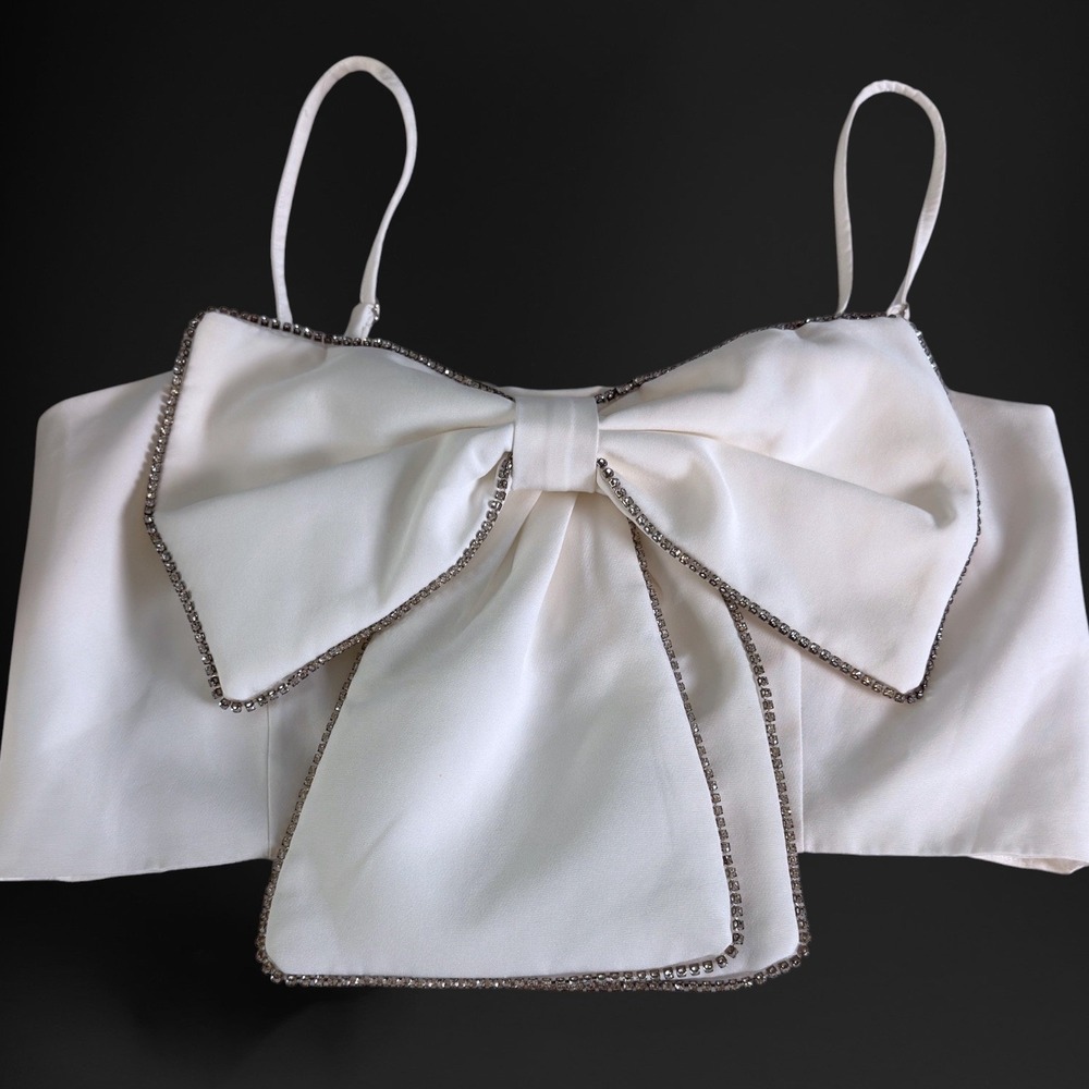 Cloud Ten Bow Crop Top White Rhinestone Women Large Coquette Party Cropped - Picture 2 of 9